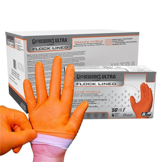 GLOVEWORKS Industrial Orange Disposable Gloves, Flock-Lined Nitrile Gloves, Raised Diamond Textured Grip, 8 mil - size: Medium, style: Case of 500