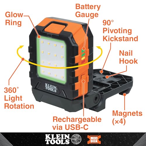 Klein Tools 56416 Rechargeable LED Work Light, 1000-Lumens, Magnetic Work Light with 3 Modes, 360-Degree Rotation and Kickstand, Compatible with MODbox Rail System