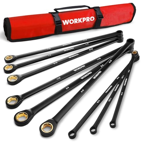 WORKPRO Extra Long Ratcheting Wrench Set, 9-Piece Anti-Slip Double Box Wrenches Set, SAE 5/16-3/4 in, 72-Teeth, Cr-V Steel and Black Electrophoretic Coating Wrenches with Rolling Pouch - size: SAE