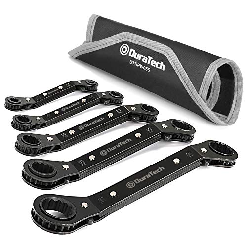 DURATECH 5 Pc Double Offset Box End Reversible Ratcheting Wrench Set, SAE, Heavy-duty, Matte Chrome Plated, Ratchet Spanner Crooked for Narrow Spaces (1/4-7/8 inch) - size: SAE