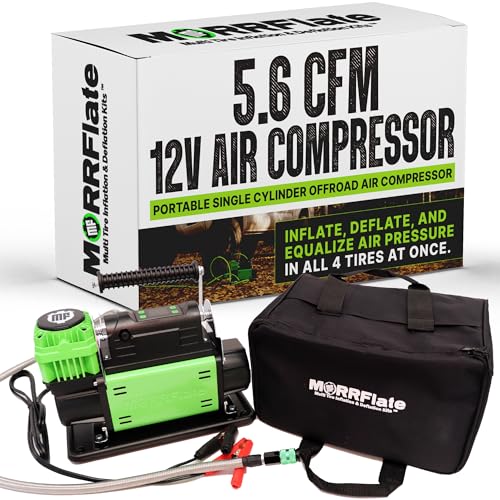 MORRFlate Air Compressor FiveSix PSI Pro With Auto Shut Off Mode | Portable Single Cylinder 5.6 CFM 12V Offroad Air Compressor with 4FT Hose | Set Your PSI and Walk Away | Includes Bag and Gloves