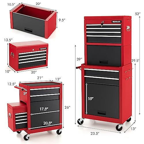 ERGOMASTER Rolling Tool Chest - Removable Top Box Large Bottom Cabinet with Casters and Lock System Tool-Box - Heighten 6-Drawer Red - color: Black&red, size: 6-Drawers