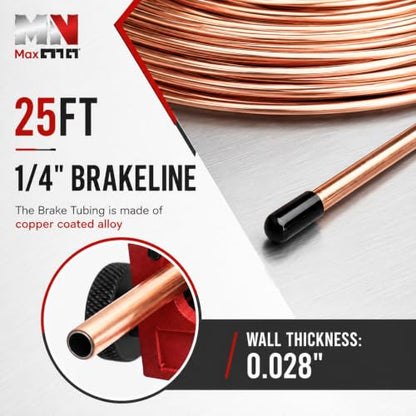 Joyzeal 25ft 1/4" Copper Brake Line Kit, 16 Fittings & Flaring Tool | Corrosion Resistant, Hand-Bendable, 4 Unions, Double & Single Flare, Fits Most Cars Trucks SUVs - size: 1/4''