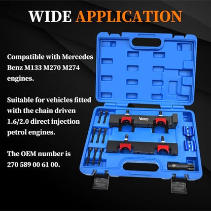 Camshaft Locking Alignment Timing Tool Kit, Compatible with Mercedes Benz M133 M260 M264 M270 M274 1.6L V4 A Class and B Class Engine, 15pcs Set with Carrying Case & Gloves - size: for M133 M260 M264 M270 M274