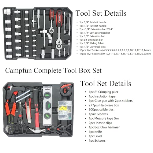 Campfun 899-Piece Household Tool Set with Complete Hand Tools, Mechanic Toolbox Set with Rolling Case, Tool Set for Home/Auto Repair, White - color: White