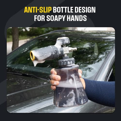 Active Foam Cannon with ¼ inch quick connector for Electric and Gas Pressure Washers. Wide-mouth bottle and variable spray to generate thick snow foam spraying for home DIY car wash & detailing (JH70)