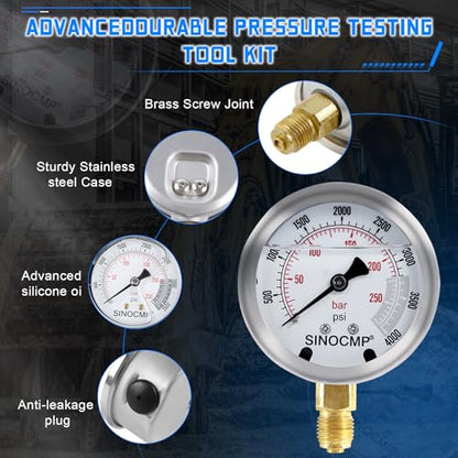 Hydraulic Pressure Gauge Test Kit Tractor Hydraulic Tester Set with 3 Gauges(25/40/60Mpa) 3 Hoses(64.5in) 11 Quick Connectors for Excavator Construction Machinery(Silver) - size: Silver 3 Gauges 11 Connector
