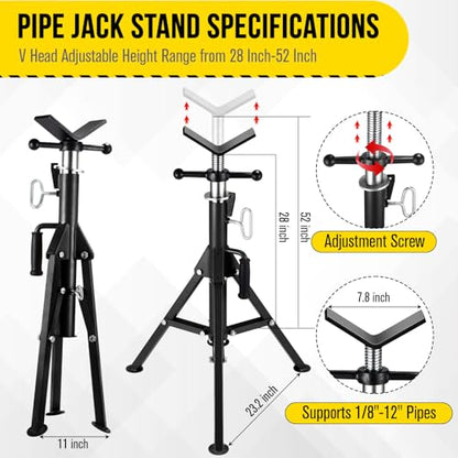 2PCS Pipe Jack Stand, Heavy Duty Pipe Stand, 2500LB Jack Stands Carbon Steel with Portable Folding Legs 28-52 Inch Height Adjustable 1/8"-12" Capacity - color: Black | 2PCS