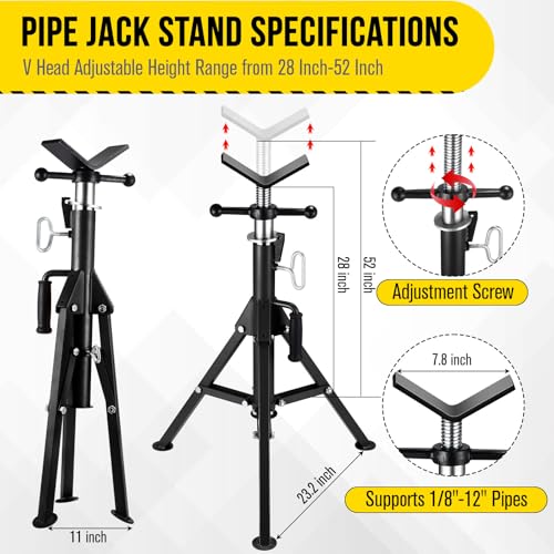 2PCS Pipe Jack Stand, Heavy Duty Pipe Stand, 2500LB Jack Stands Carbon Steel with Portable Folding Legs 28-52 Inch Height Adjustable 1/8"-12" Capacity - color: Black | 2PCS