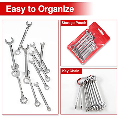 SPEEDWOX Mini SAE Wrench Set, 10-Piece, Open/Box End, Made of High Carbon Steel, Heat Treated for Strength and Durability | Open End and Box End Combination Spanner, Storage Pouches and Key Chains for Assembling Furniture Small Equipment - size: Combinati
