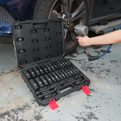 Mayouko 1/2" Drive Impact Deep Socket Set, SAE (3/8 to 1 inch) and Metric (10-24mm) Sizes with 3", 5", 10" Extension Bars, CR-V Steel, Complete Impact Wrench Socket