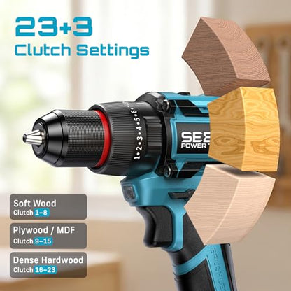 SEESII 21V Max Cordless Drill and Impact Driver, Power Tool Combo Kit Included 3/8'' Drill & 1/4'' Impact Driver, 2x 4000mAh Battery, Fast Charger, 20 pcs Driver Bit Set & Bag - color: Blue 21