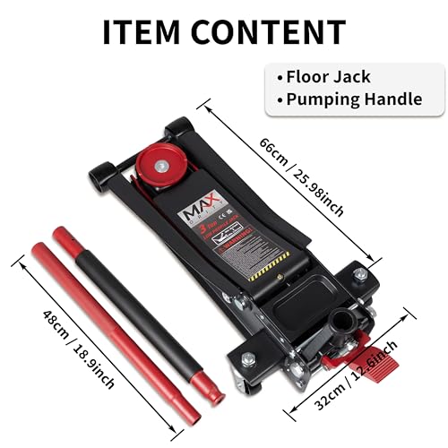 Maxority 3-Ton (6600lbs) Low-Profile Dual Pistons Heavy-Duty Steel Racing Floor Jack with Quick Lift Hydraulic Pump, Foot Pedal and Magentic Pad for Car Maintenance (Red, 3 Ton Low Profile)