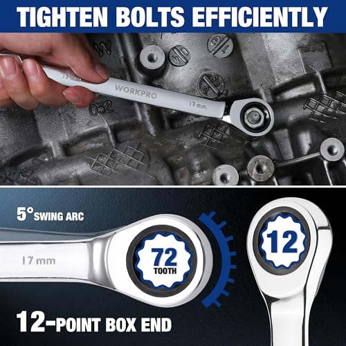 WORKPRO Ratcheting Wrench Set, Metric, 7-piece Ratcheting Combination Wrench Set, 8mm, 10mm, 11mm, 12mm, 13mm, 14mm, 17mm, 12-Point, CR-V Steel, with Organizer Rack - size: 7-piece, style: Metric