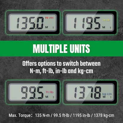 SK 3/8" Drive Digital Torque Wrench, 6.8 to 135 N-M, LED Display | Torquimetro, Four Units of Measure & Flash Notification - size: 3/8" Drive
