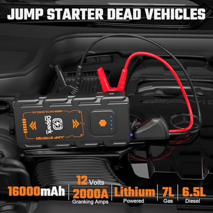 Compact 2000A Car Jump Starter, Ultra-Portable & Beginner-Safe Battery Booster for Up to 7.0L Gas / 6.5L Diesel, Lightweight 12V Jump Box with USB Fast Charge & LED Emergency Light - style: G21C