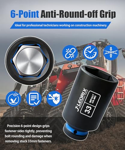 33mm Deep Impact Socket 1/2" Drive CR-MO Steel 6-Point | CR-MO steel impact socket set. 1/2" drive, 6-point design. Deep reach for lug nuts & axle nuts. - size: 33mm