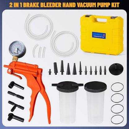 Brake Fluid Bleeder Kit with Handheld Vacuum Pump, 2 in 1 Brake Bleeder Kit for Automotive with Protected Case,with Gauge Adapters