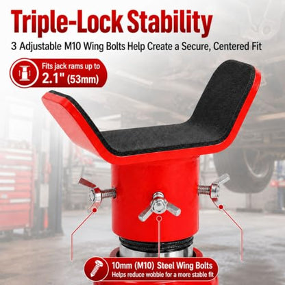 Bottle Jack Adapter with Triple-Lock, Fits 8-20 Ton Bottle Jacks up to 2.1" Ram Diameter, Heavy Duty 1/4" Steel Saddle for 3" to 5" Round Axle Tubes, for RVs, Trucks and Trailers - color: Red (10–20T)
