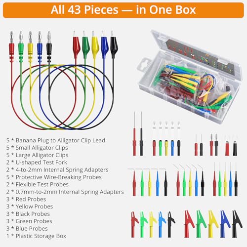 Neoteck Multimeter Leads,43pcs Back Probe Test Lead Kit with Alligator Clips Electrical,CAT II 600V,Pure Copper Leads with PVC Insulation,5 Color Probes,for Automotive Circuit & Home Appliance Testing