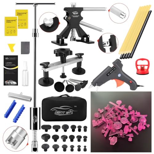 Dent Puller Kit - Paintless Dent Removal Tool with 100W Hot Glue Gun 10 Glue Sticks and 2-in-1 Slide Hammer T-Bar - for Car Body Repair Hail Damage Door Dings and Small Suction Cup - size: Dent Puller Kit-A