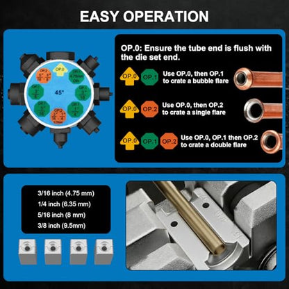 Professional Brake Line Flaring Tool Kit for 45 Degree - Single Bubble & Double Flare Tool, Brake Flare Tool Kit for 3/16", 1/4", 5/16", 3/8" Steel & Copper Tubing - color: Black