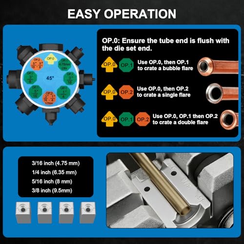 Brake Line Flaring Tool Kit for 45 Degree, Single, Bubble, Double Flare Tool, Brake Flare Tool Kit, for 3/16", 1/4", 5/16", 3/8" Steel & Copper Tubing - Matte Black - color: Matte Black