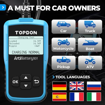 TOPDON AB101 Car Battery Tester 12V Car Battery Load Tester on Cranking Charging Systems, 100-2000 CCA Automotive Alternator Analyzer for Cars/SUVs/Light Trucks with Flooded AGM Gel Types