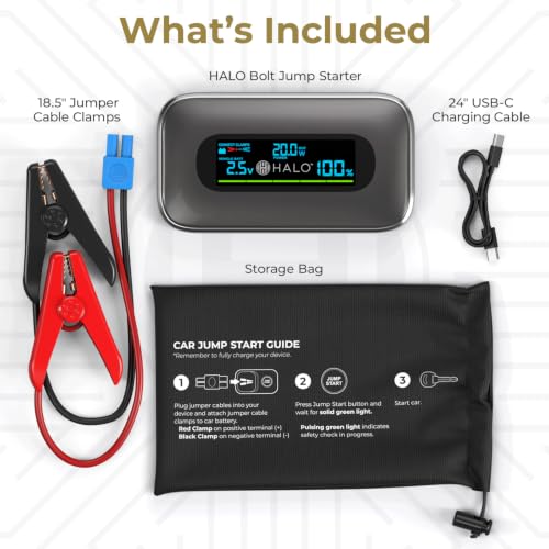 Halo Bolt 1500A Car Battery Jump Starter with Large Digital Screen, Portable 12V Lithium Battery Jump Starter, Portable Power Bank, 3-Mode LED Flashlight, Safe & Simple Design, TSA Approved - Silver - color: Silver