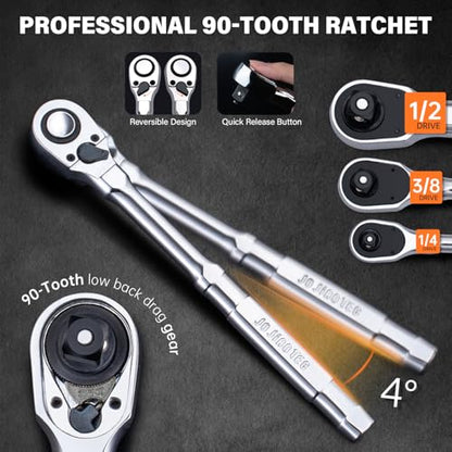 86-Piece Mechanics Tool Set, 1/4" 3/8" 1/2" Shallow Drive Socket & Ratchet Set, SAE/Metric, 90-Tooth Ratchet, Extension Bars, CR-V Steel Tool Kit with Storage Case - size: 86pcs 1/4" 3/8" 1/2" Shallow