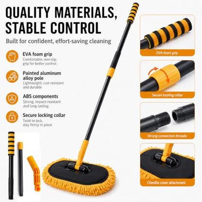 Extension Pole Car Wash Mop with Long Handle, Microfiber Car Wash Brush | Telescopic long-reach mop, 49 in reach, 15° angled head, reaches roofs scratch-free, wet or dry, cars, SUVs, RVs & boats