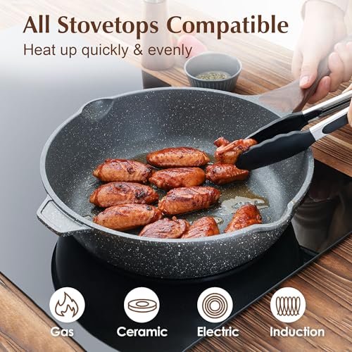 SENSARTE Nonstick Deep Frying Pan Skillet, 12-inch Saute Pan with Lid, Stay-cool Handle, Chef Pan Healthy Stone Cookware Cooking Pan, Induction Compatible, PFOA Free - color: Gray, size: 12-inch/5QT