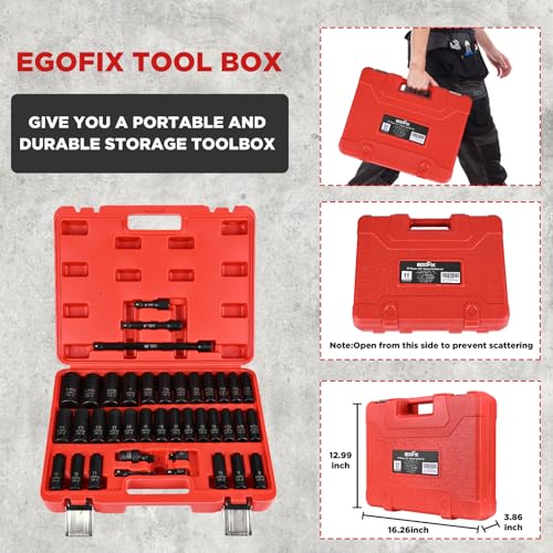 1/2” Drive Impact Deep Socket Set, 39 Pieces Metric(8-24mm)/SAE(5/16 to 1-1/4), CR-V Steel Tool Set with 3”, 5”, 10” Extension Bar, Adapters - style: 1/2-39PCS