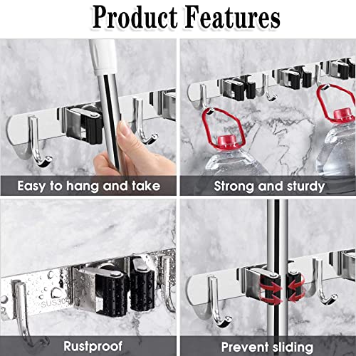 AceMining Broom Holder Wall Mount, 3 Racks 4 Hooks Heavy Duty Mop Organizer | Mop Holder Wall Mount and Broom Hanger for Garage, Laundry Room, Kitchen and Utility Storage - color: 3 Racks & 4 Hooks (Silver) - 1 Pack