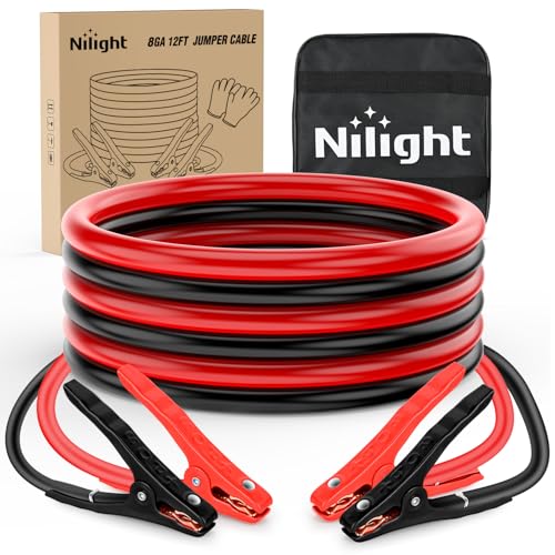Nilight Jumper Cables for Car Battery 8 Gauge 12 FT Booster Cable Heavy Duty 250 A CCA with Carrying Bag Jump Start Emergency Kit Pickup Vans SUV Sedan Motorcycle | Booster Jump Start Cable with Storage Bag for Jump Starting Dead or Weak Batteries for Pic