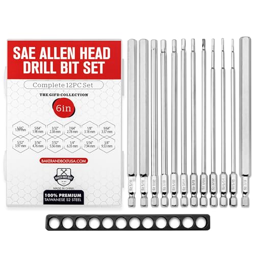 Baker and Bolt 12-Piece 6" Long Hex Head Allen Wrench Drill Bit Set – Impact Ready, S2 Steel, SAE, 1/4" Hex Bit Set with Storage Case - style: Long Allen