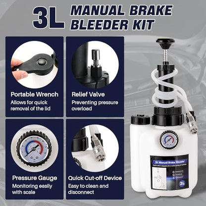 DASBET 3L Manual Brake Bleeder Kit with 1L Fluid Bottle | One-Person Brake Bleeding Fluid Pump w/ 4 Master Cylinder Adapters, Ideal for Brake and Clutch Maintenance on Select Vehicles