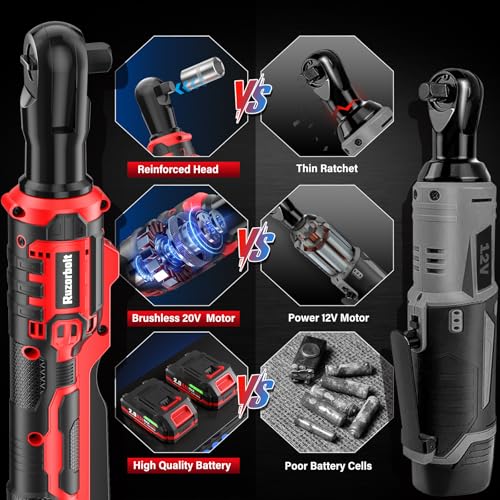 20V Cordless Ratchet Wrench 3/8" Set, 88 Ft-lbs(120N.m), 500 RPM, Electric Ratchet Wrench with 2PCS 2000mAh Batteries, Variable Speed, LED Light, 5 Sockets, 1/2" Adapter, 3" Extension Bar