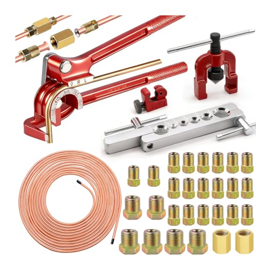 smseace 26Pack 1/4 Inch Brake line kit Includes 25FT Copper-Plated Brake Lines with Fittings(16pcs Fittings,2pcs Union+4pcs Nut)，Brake line Bender，Single Flaring Tool，Pipe Cutter 1/4 Inch Brake Lines - color: Gold-A, size: 1/4inch