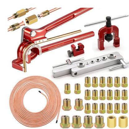 smseace 26Pack 1/4 Inch Brake line kit Includes 25FT Copper-Plated Brake Lines with Fittings(16pcs Fittings,2pcs Union+4pcs Nut)，Brake line Bender，Single Flaring Tool，Pipe Cutter 1/4 Inch Brake Lines - color: Gold-A, size: 1/4inch