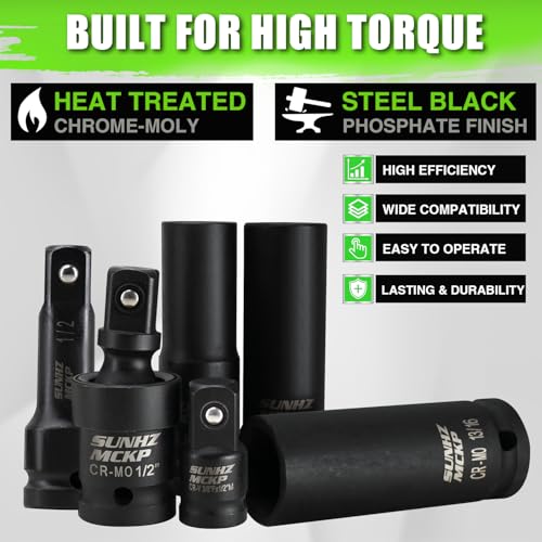 SUNHZMCKP 20 PCS 1/2" Impact Socket Set, Drive Deep 6 Point Socket Set, Including Standard SAE Sockets (3/8" to 1-1/4"), 3 ", 6", 10" Impact Extension Bar and Drill Socket Adapter, Cr-MO - size: 20-Pc 1/2" SAE Impact Socket Set
