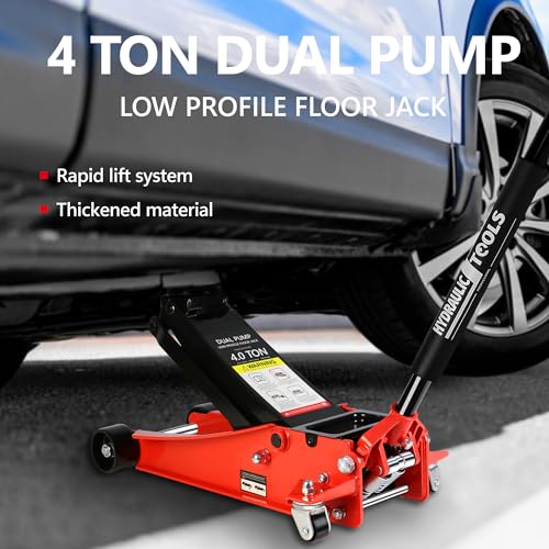 4T Low Profile Steel Floor Jack, 8000 lb, Dual Pump, 4"-21" Lift, Red | Heavy-duty steel, dual-piston quick lift, low profile, 4"-21" range, overload safety protection. - size: 4T Dual Pump 4"-21"(Red)