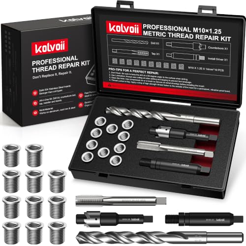 Kolvoii M10 X 1.25 Metric Thread Repair Kit with HSS Drill Bit, Tap, Counterbore and Installation Tool, 10 Solid 304 Stainless Steel Thread Inserts, 14mm Length, for Automotive and DIY Repairs - size: M10x1.25x14mm