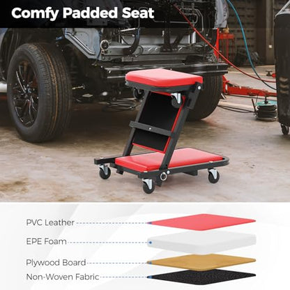 40" Z Garage Creeper, 2-in-1 Folding Creeper with Padded Seat & 6 Wheels, Low Profile Mechanic Creeper Seat Automotive Stool for Workshop, Auto Repair, 350 lbs Capacity
