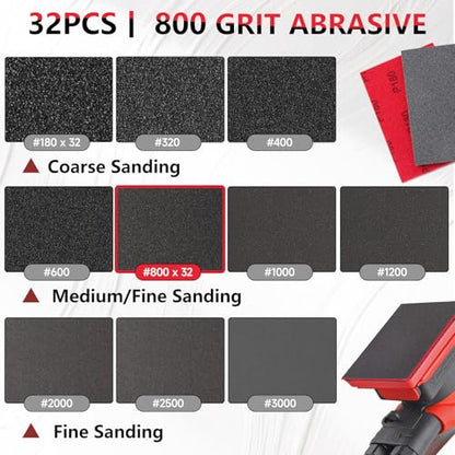 32 PCS 800 Grit Sanding Sponge, Soft and Flexible Sandpaper Block | 3 x 4 Inch, Hook and Loop, Wet and Dry Use, Washable and Reusable, Tear-Resistant Polishing Pads for Metal Auto Paint Wood - style: 32Pcs 800Grit