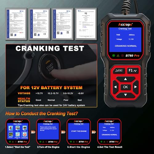 BT60 PRO Car Battery Tester 6V/12V/24V, 2–120Ah, 100–3000 CCA, AGM/Gel/Lithium, Digital Analyzer, QR Cloud Report (No App), Alternator & Starter/Charging System - color: Black-Red