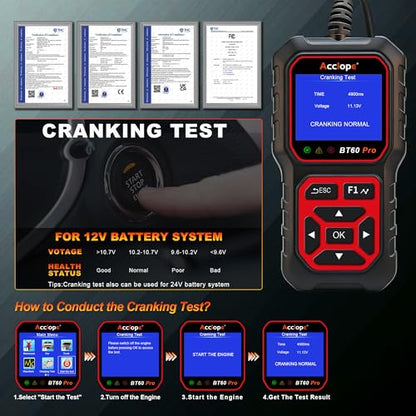 BT60 PRO Car Battery Tester 6V/12V/24V, 2–120Ah, 100–3000 CCA, AGM/Gel/Lithium, Digital Analyzer, QR Cloud Report (No App), Alternator & Starter/Charging System - color: Black-Red