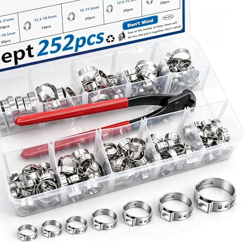 252Pcs 14-Sizes 304 Stainless Steel Single Ear Hose Clamps with Ear clamp plier 5.3-33.1mm Crimp Hose Clamps Assortment Kit for Auto/Home Appliance/Pipe/Fuel Line Stepless hose clamp with pincer - color: Silver, size: 5.3-33.1mm 252pcs