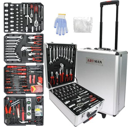 RYH 899pcs All-in-One Professional Tool Set & Rolling Tool Box Set - 4 Drawer Organizer Storage Case - Complete Home, Auto, Mechanic Tool Kit for DIY, Homeowner, Handyman Tool Set (899pcs+Silver) - color: 899pcs+Silver