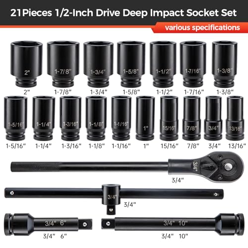 21PCS 3/4" Drive Impact Socket Set,6 Point Axle Nut Socket Set,SAE Sizes(3/4" to 2"),Cr-Mo Steel,Includes Adapter and Quick-Release Ratchet(24 Tooth) for Large Vehicle & Equipment Maintenance - size: 3/4" SAE 21pc